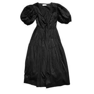 S/W/F Freedom Tie Front Midi Dress Womens XS Black V-Neck Short Puff Sleeve Boho